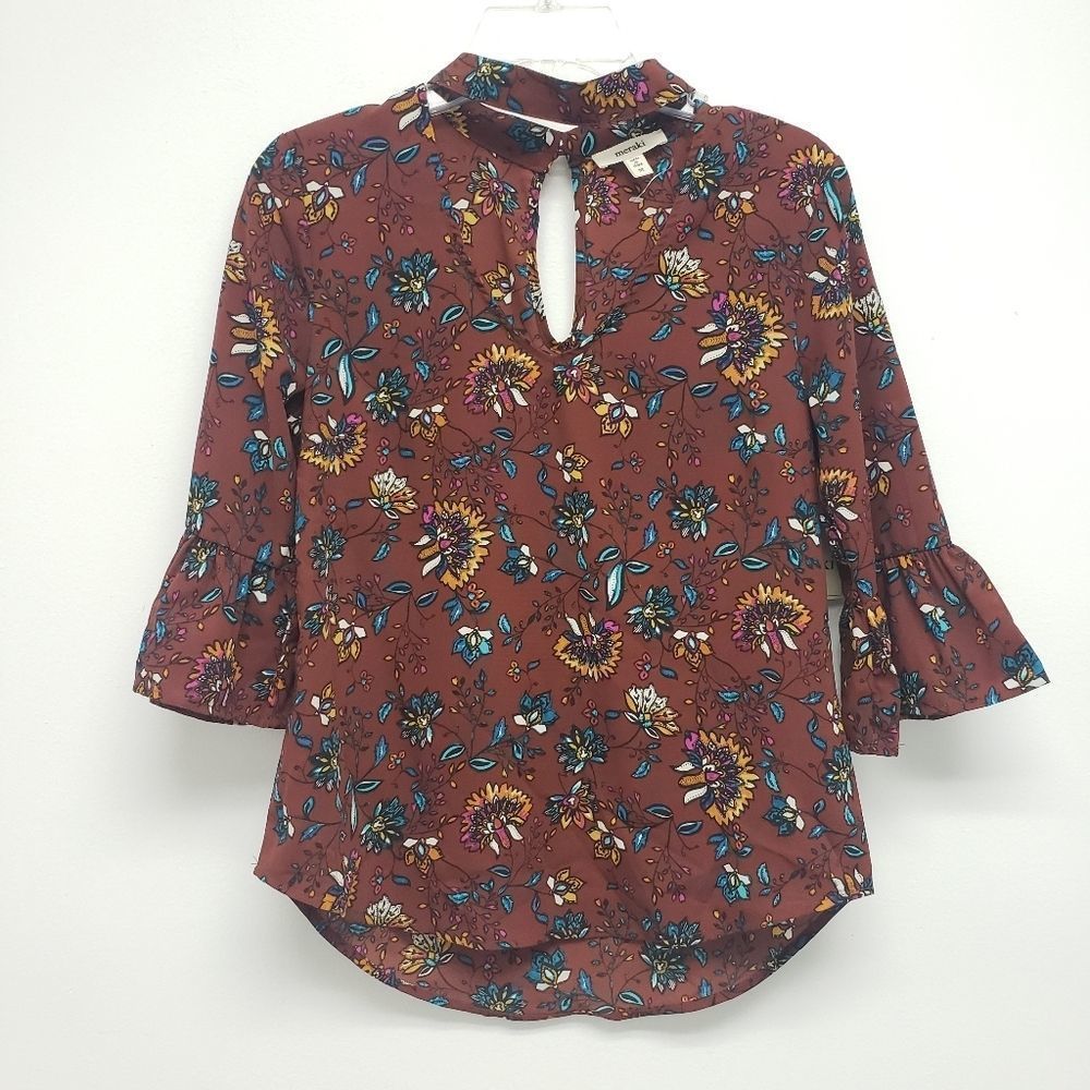 Meraki Floral Flounce Sleeve Choker Top Size Medium